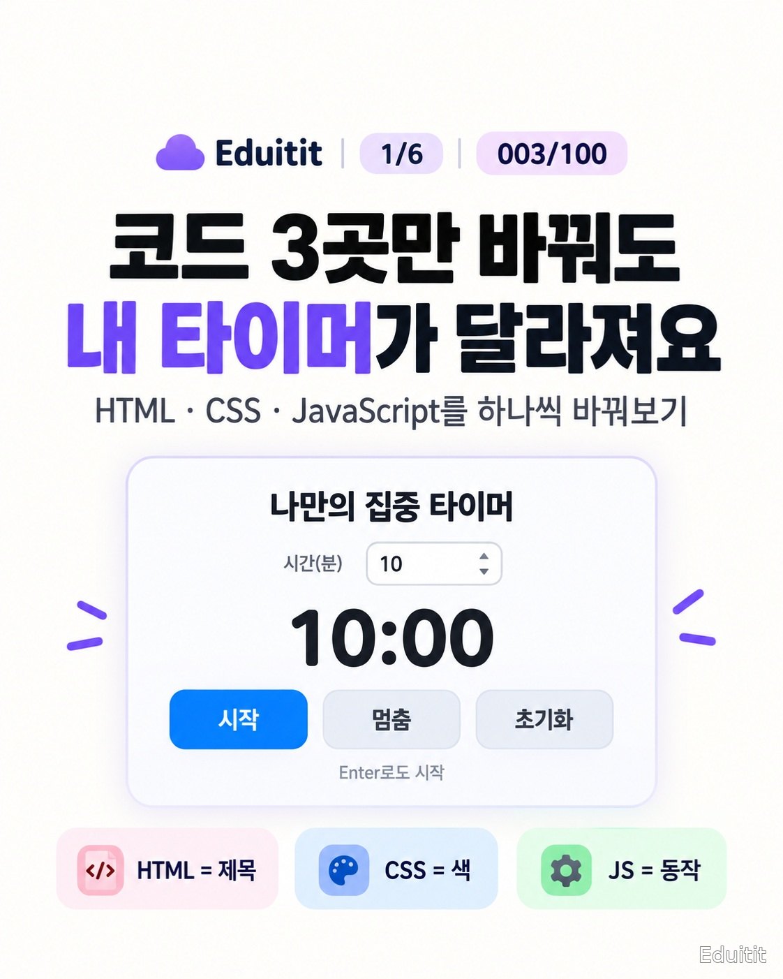 003/100 · HTML·CSS·JavaScript로 집중 타이머 바꾸기 1쪽